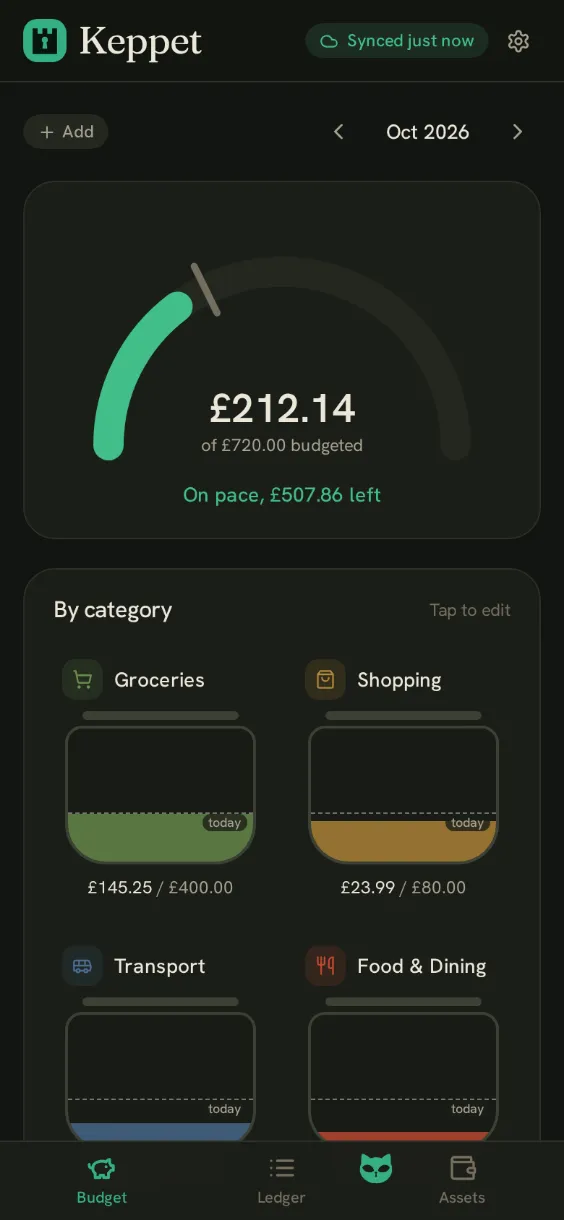 The Keppet budget screen: spending against a budget for each category, shown as progress bars.