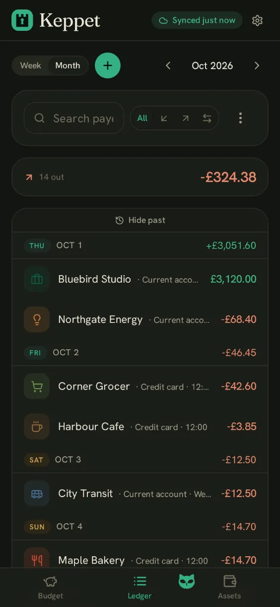 The Keppet ledger screen: a list of recent transactions grouped by day, with payee, category and amount on each row.